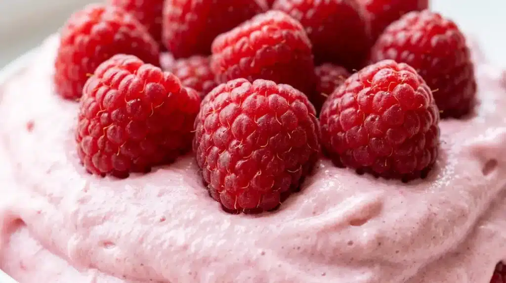 A metal wire whisk heavily coated in thick, aerated pink yogurt fluff.