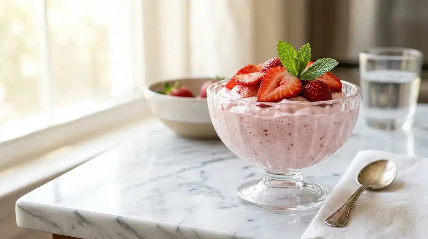 Extreme close-up of airy, pastel pink zero sugar jello Greek yogurt fluff filling a glass bowl.