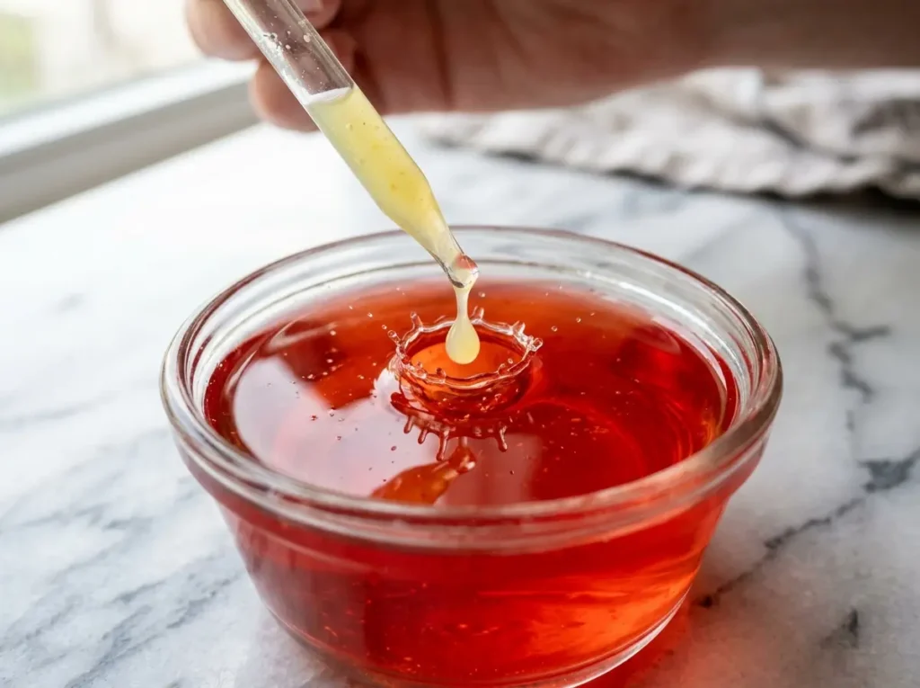 Adding fresh lemon juice to the warm vegan jello mixture.