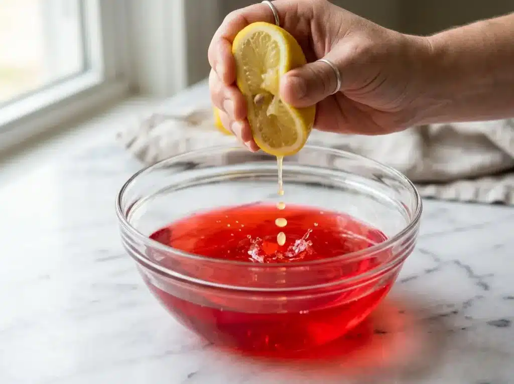 Adding fresh lemon juice to the warm protein jello mixture.