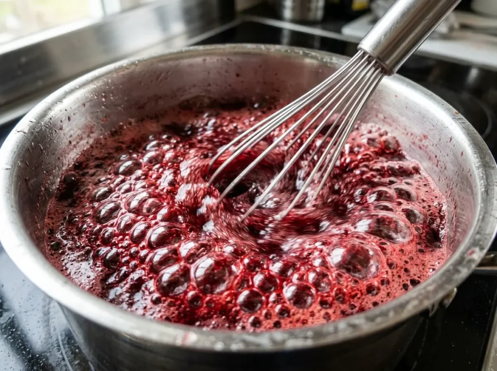 Boiling the fruit juice to activate the vegan jello matrix.