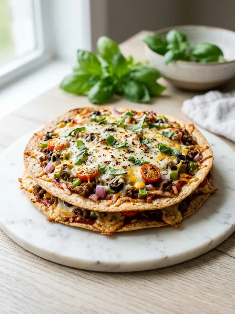 Whole baked double decker tortilla pizza on a white marble board