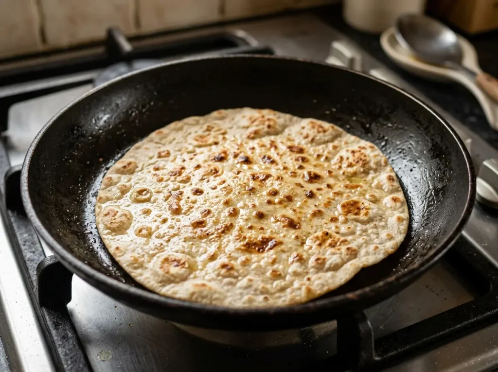 Toasting the bottom flour tortilla in a skillet