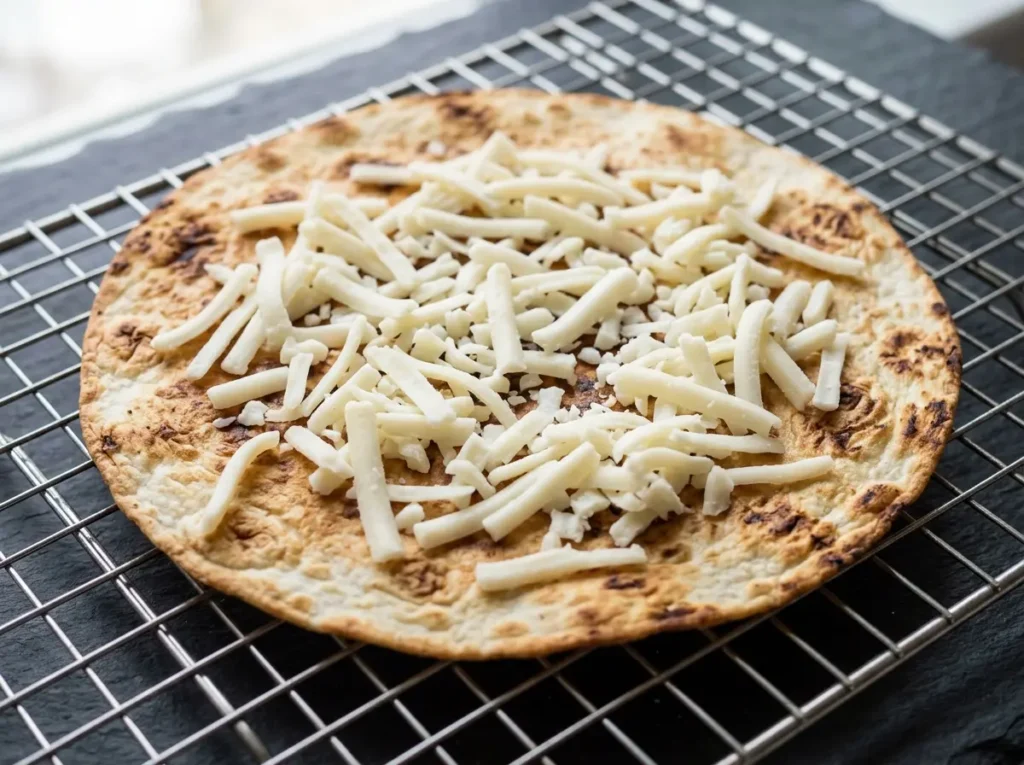 Sprinkling shredded mozzarella cheese on a toasted tortilla