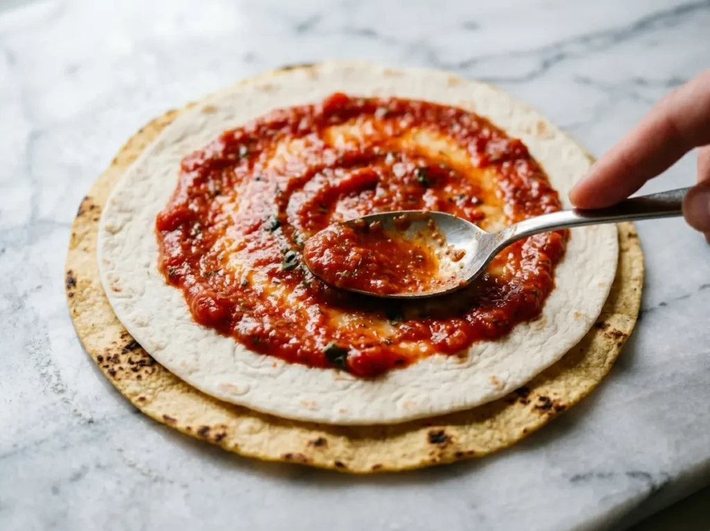Spreading pizza sauce on the top layer of the stacked tortillas