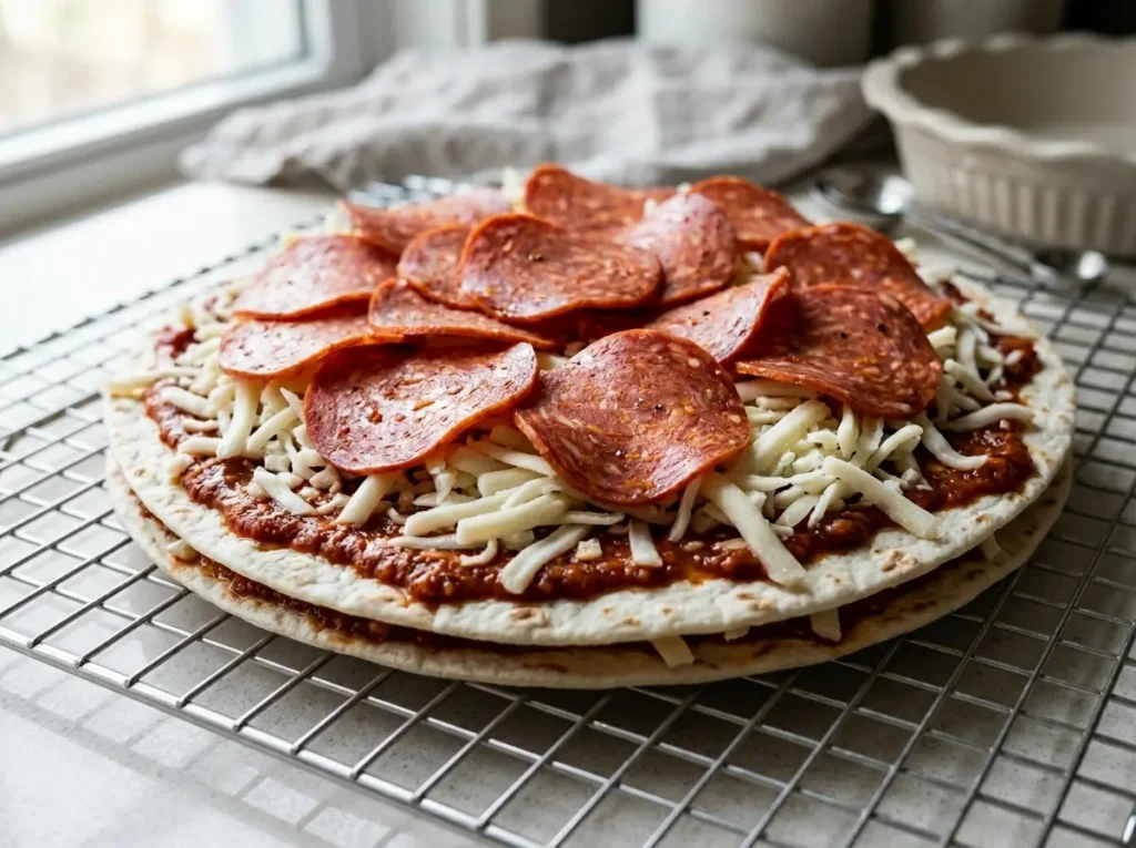 Layering pepperoni and cheese on the double decker tortilla pizza