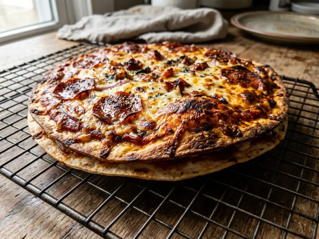 Fully baked double decker tortilla pizza resting on a wire rack