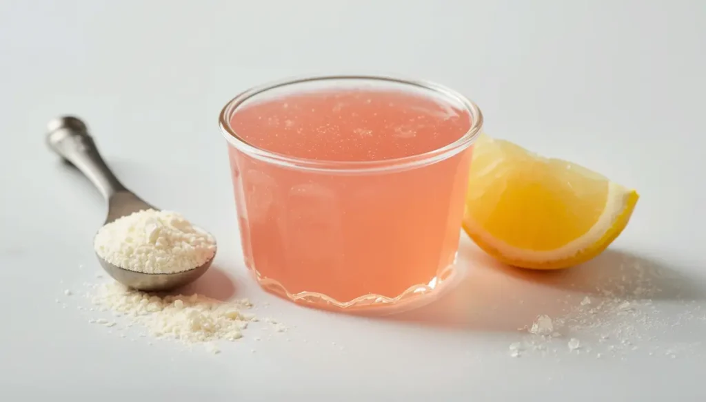 Single clear glass ramekin with firm pink dr gupta jelly fit gelatin beside a measuring spoon of white protein powder and a lemon wedge on a white surface
