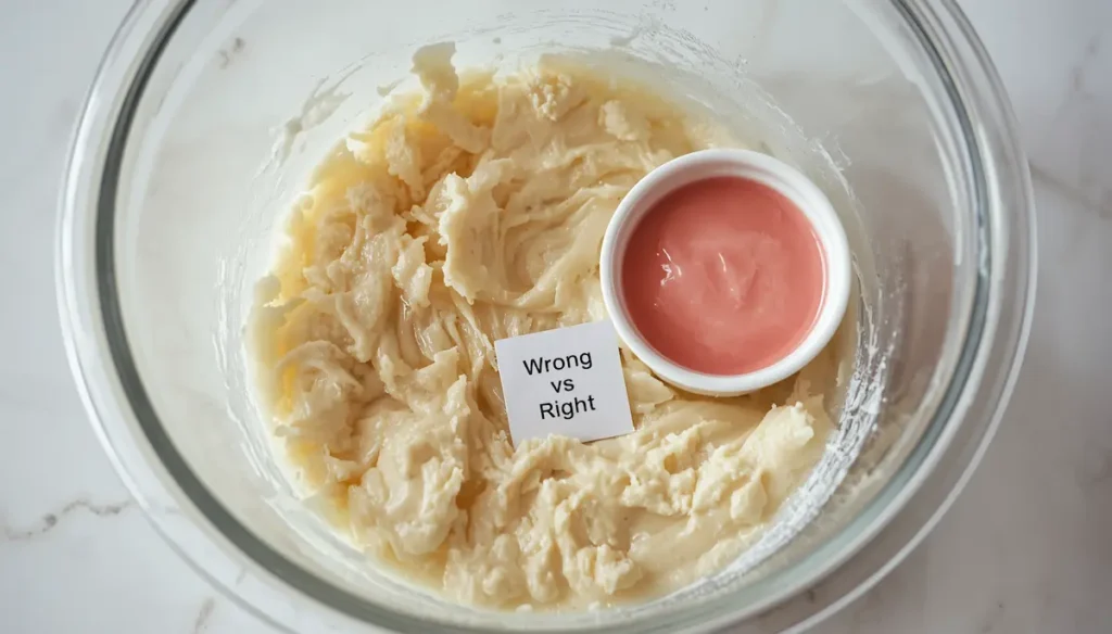 Glass bowl with curdled ruined protein mixture beside a perfect glossy pink dr gupta jelly fit ramekin on a white surface with a wrong vs right label card