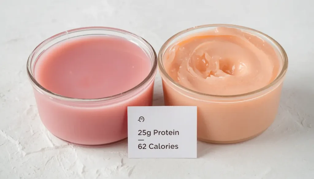 Two glass ramekins on a white stone surface one whole with glossy pink surface and one cut in half showing the dense interior of the dr gupta jelly fit with a 25g protein label card