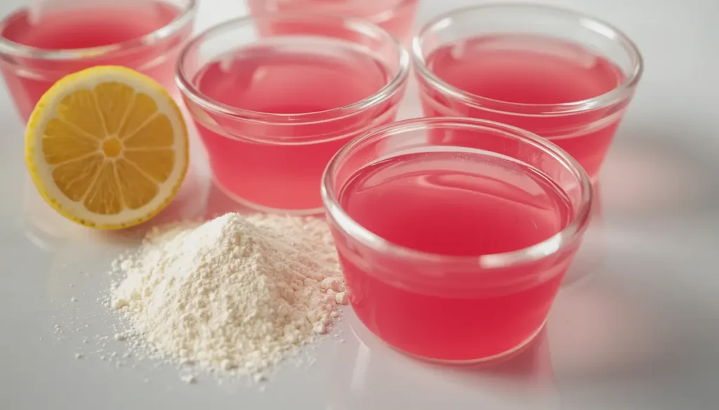 Four glass ramekins filled with firm glossy pink dr gupta jelly fit gelatin on a white countertop with halved lemon and protein powder beside them