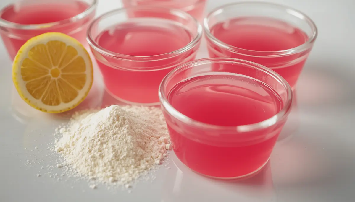 Four glass ramekins filled with firm glossy pink dr gupta jelly fit gelatin on a white countertop with halved lemon and protein powder beside them