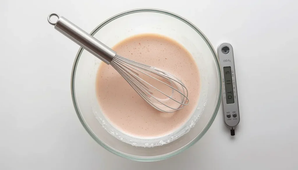 Glass mixing bowl with smooth pale pink dr gupta jelly fit liquid and a whisk resting on the rim beside a digital thermometer showing 130F on a white surface