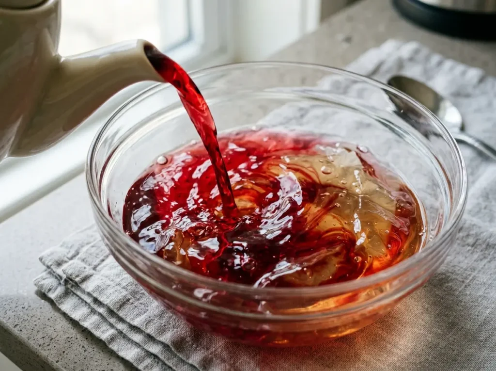 Pouring hot tea to dissolve grass fed gelatin.