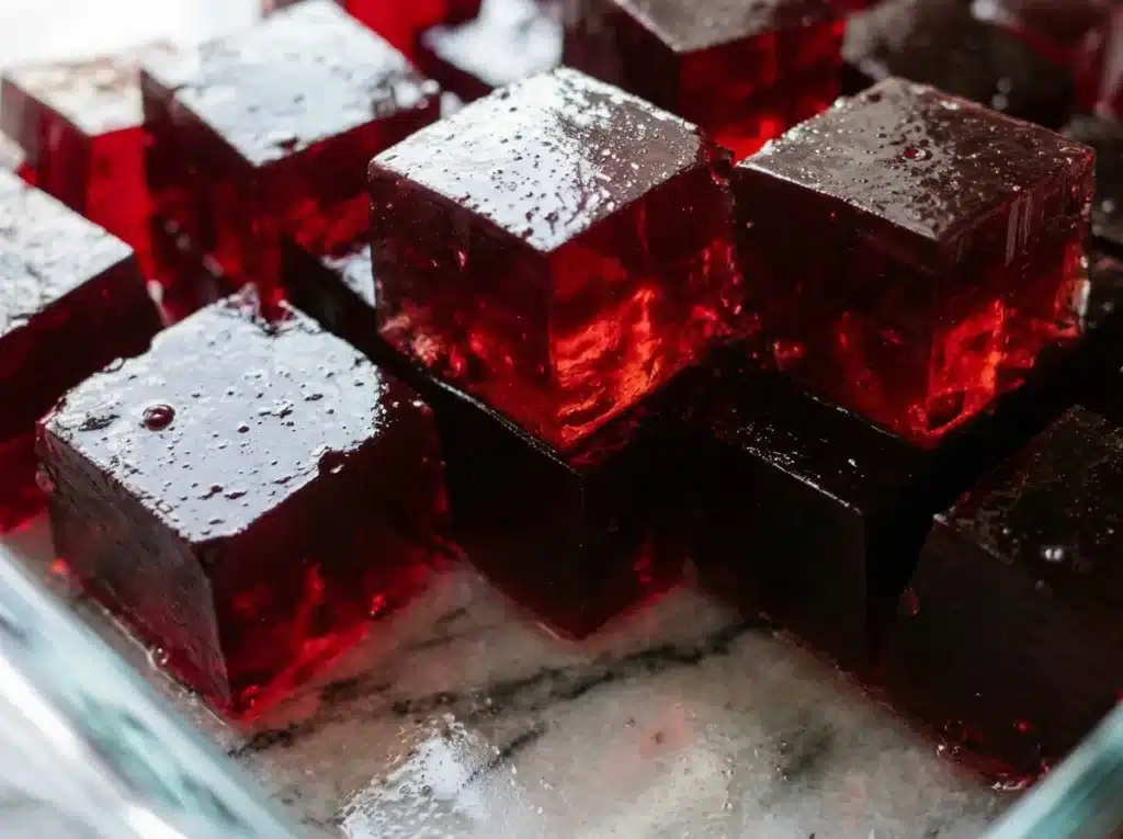 Perfectly set tart cherry gelatin squares.