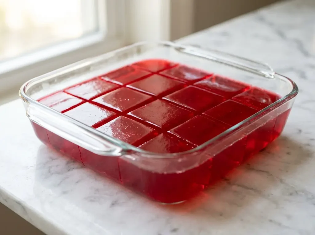 Perfectly set Jillian Michaels protein jello in a dish.