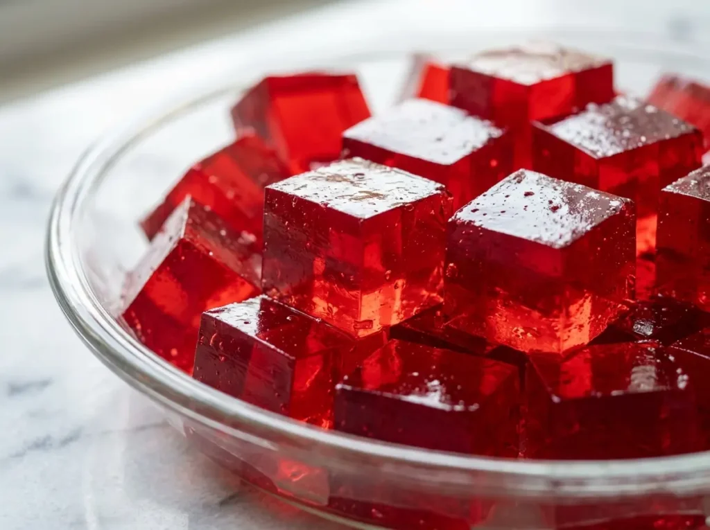 Perfectly set vegan jello in a glass dish.