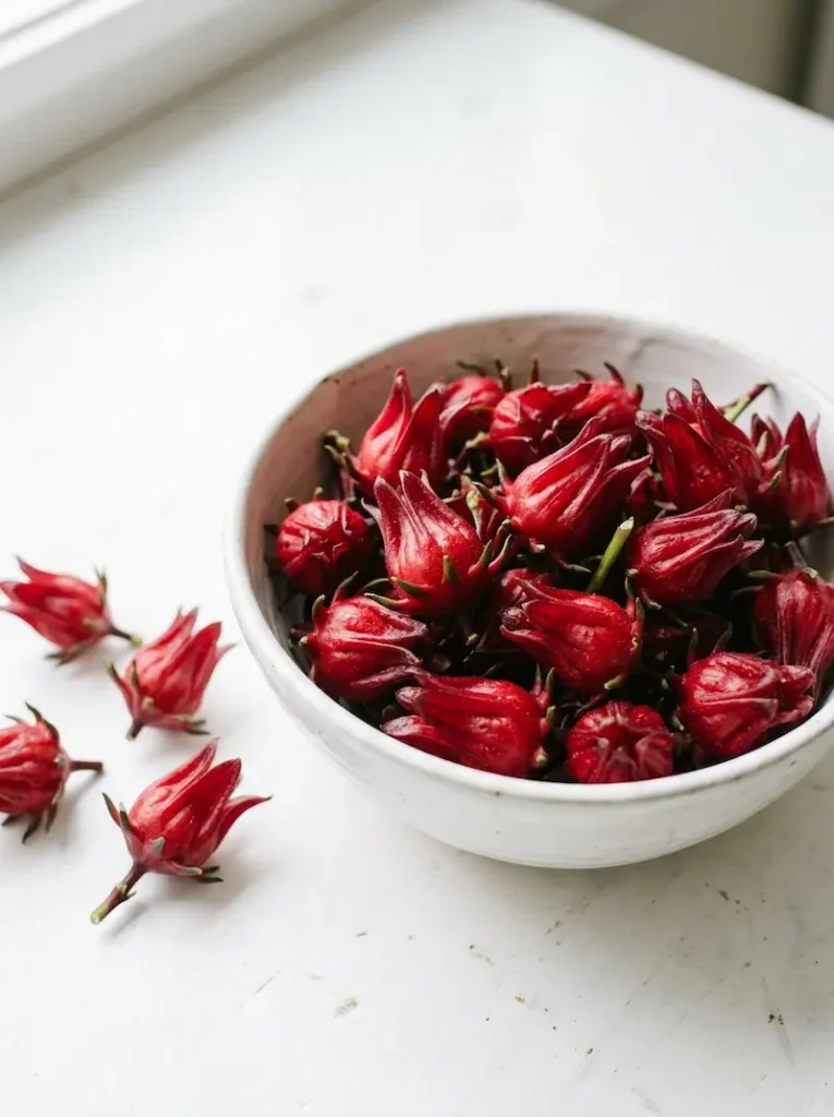 fresh roselle hibiscus calyces in a bowl for jelly