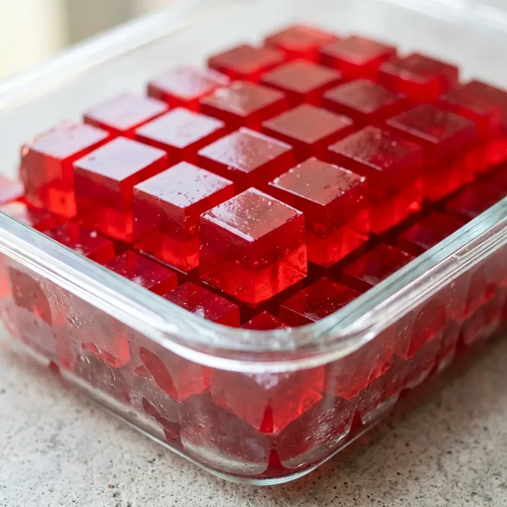Glass container filled with vegan jello for meal prep.