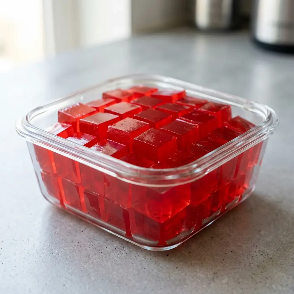 Glass container filled with protein jello for meal prep.