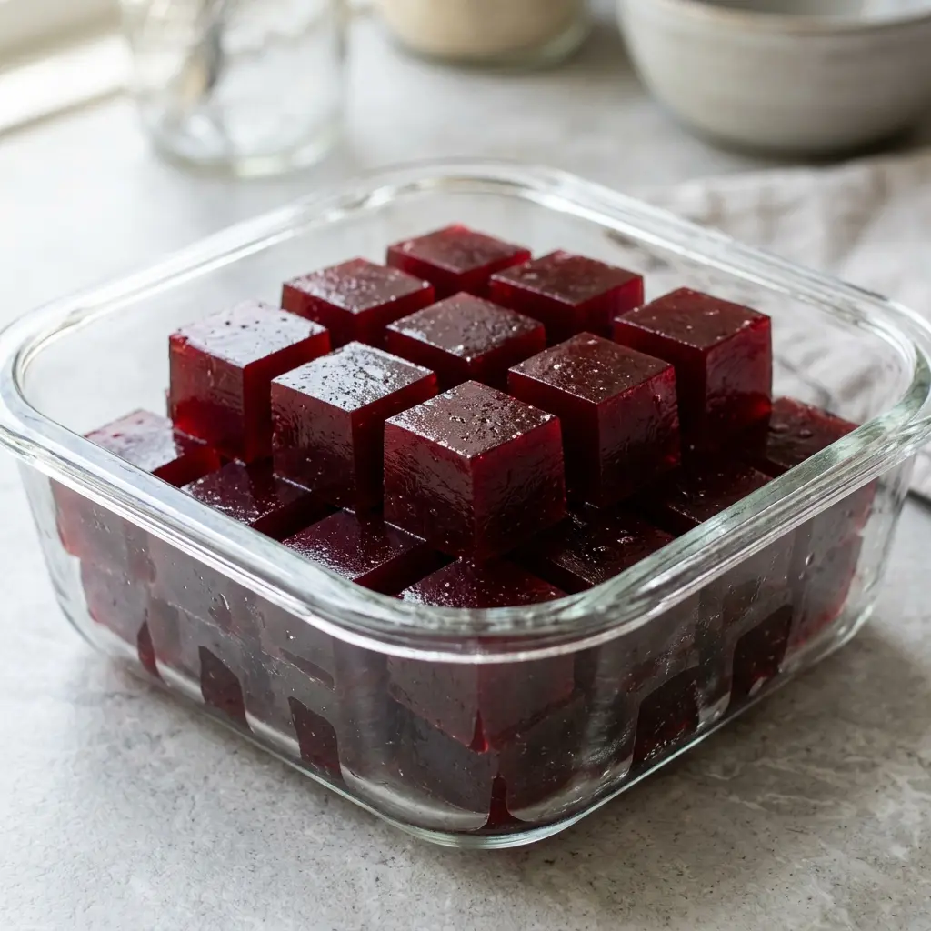 Glass container filled with gelatin recovery shots.