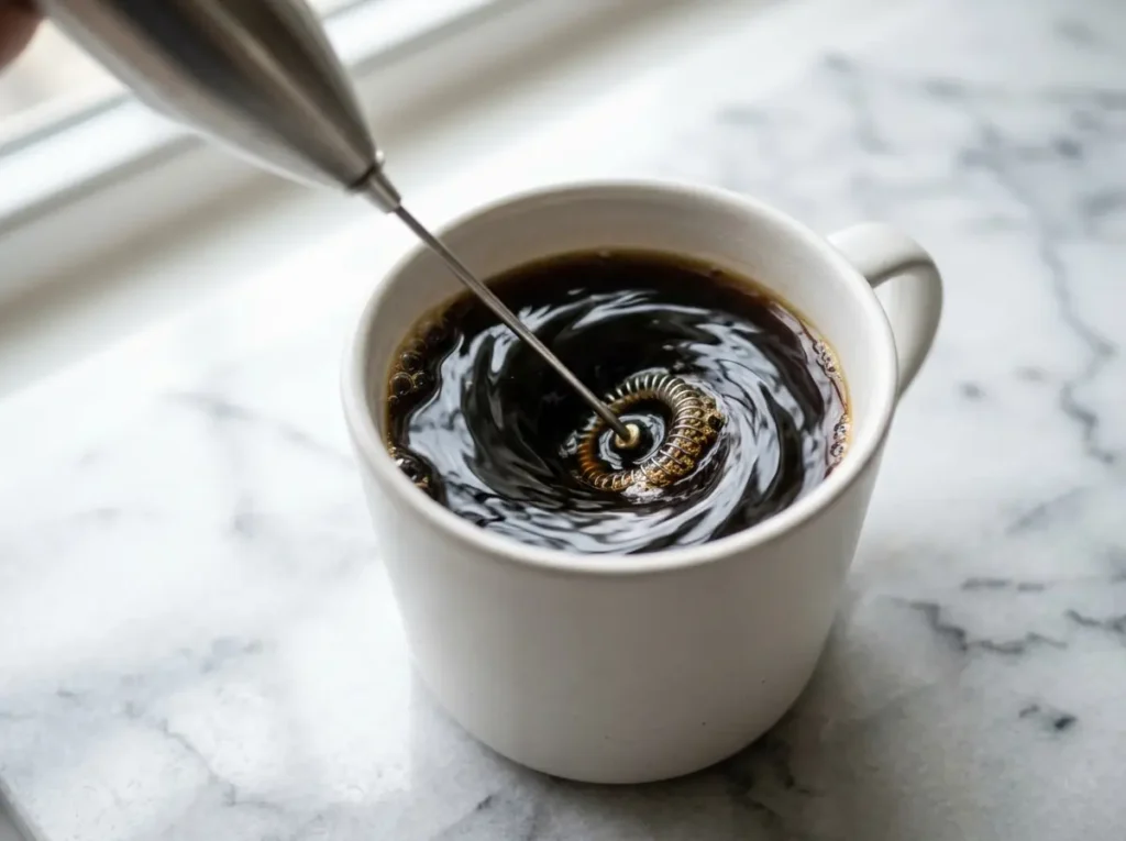 Stirring the coffee to completely dissolve the collagen powder.