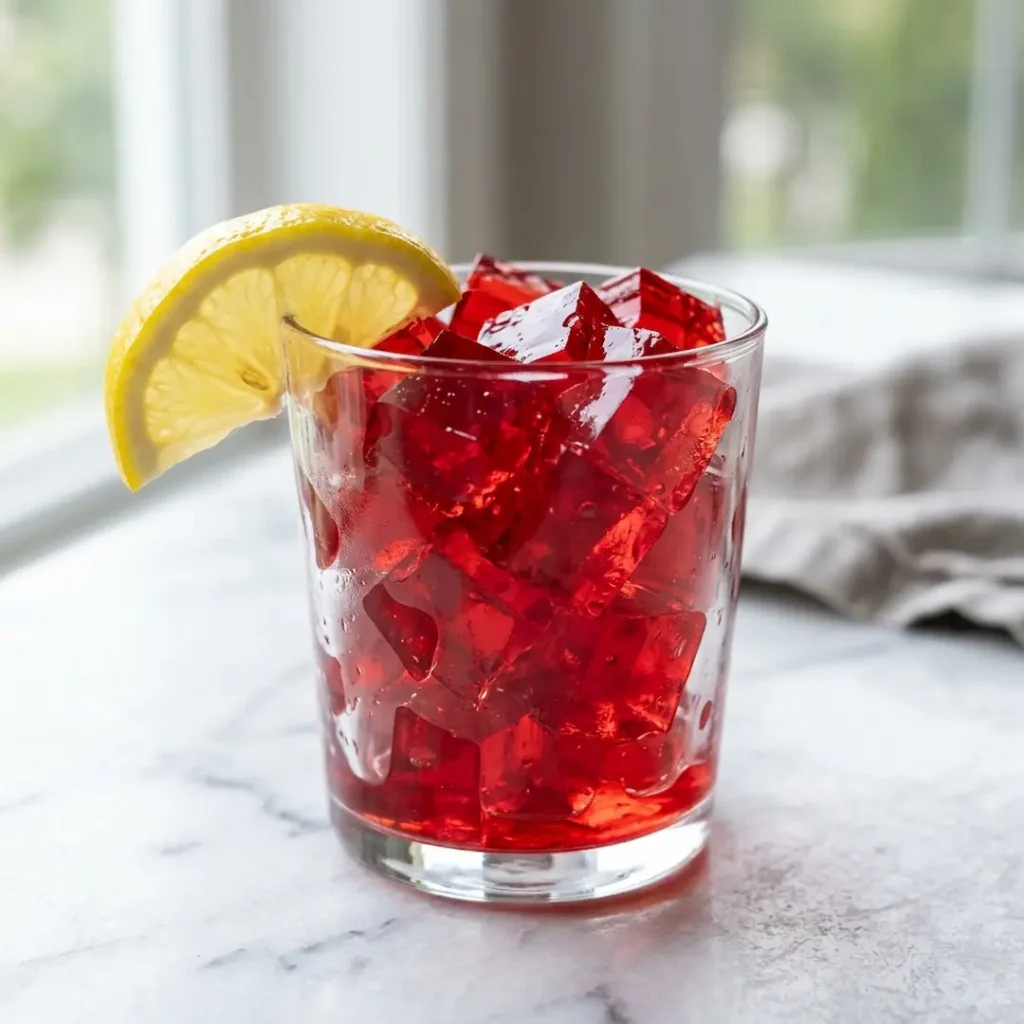 Glass cup filled with zero sugar jello snack.
