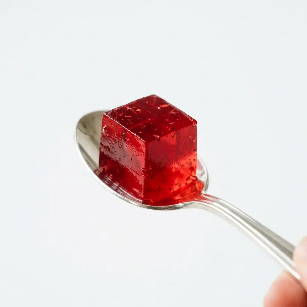 Silver spoon holding a cube of gelatin for fasting.