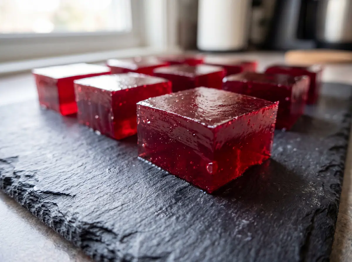 Authentic tart cherry gelatin recovery squares on a black slate.