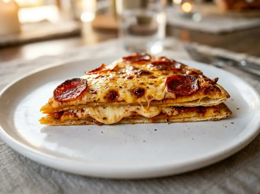 Sliced double decker tortilla pizza hack with crispy pepperoni on a white plate