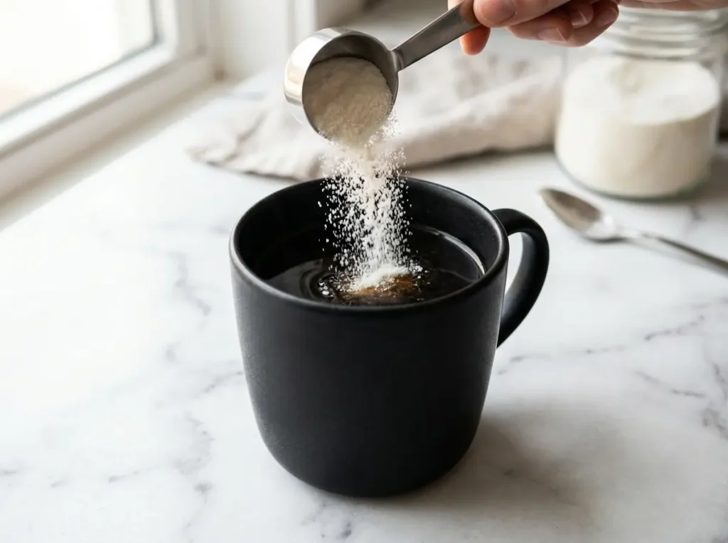 Pouring collagen into coffee for the Jillian Michaels collagen hack.