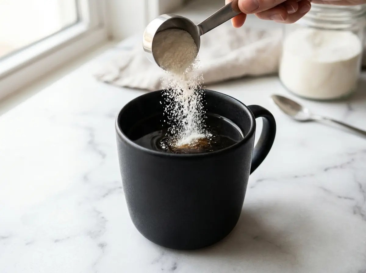 Pouring collagen into coffee for the Jillian Michaels collagen hack.