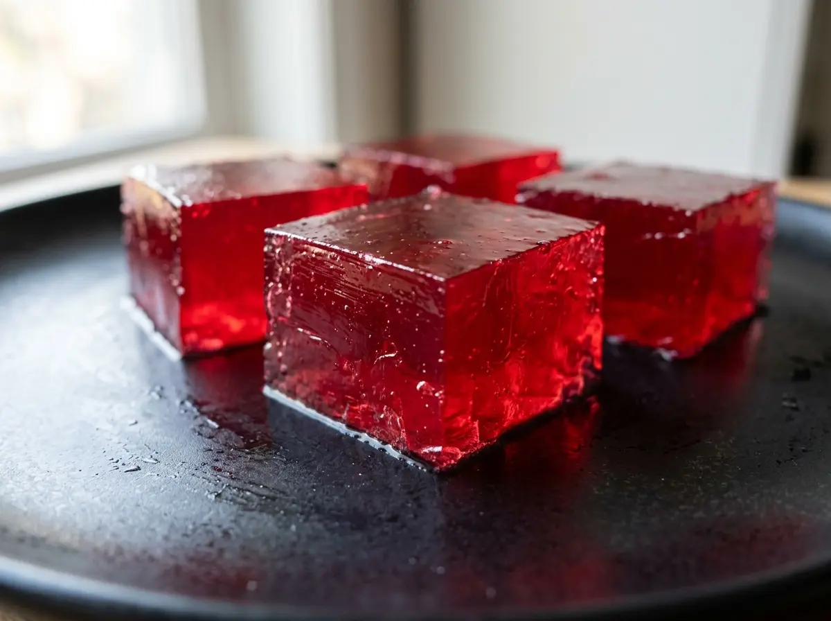 Authentic vegan jello made with agar agar on a black plate.