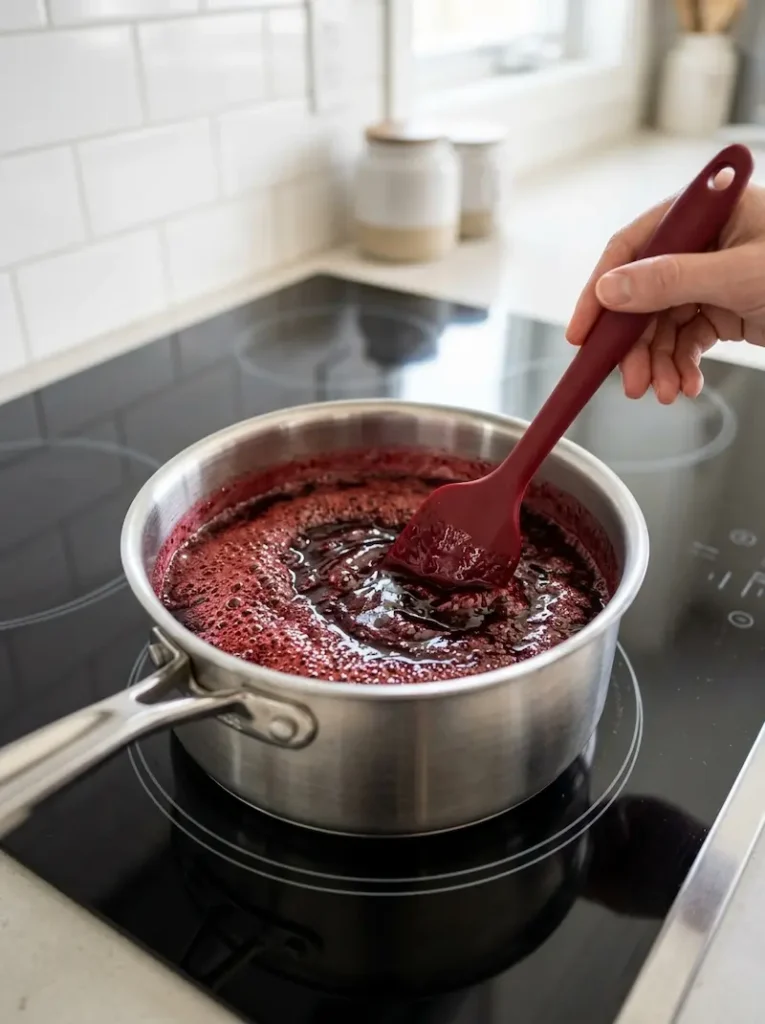 hibiscus jelly boiling in a stainless steel pot on stove