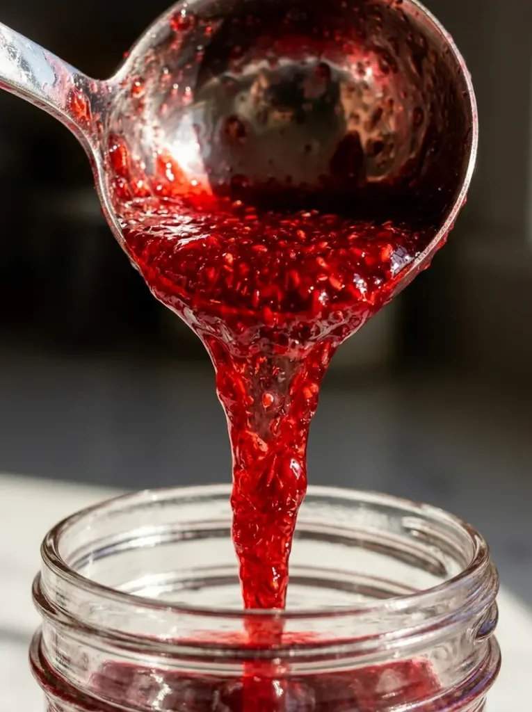 hibiscus jelly being poured into small glass jars