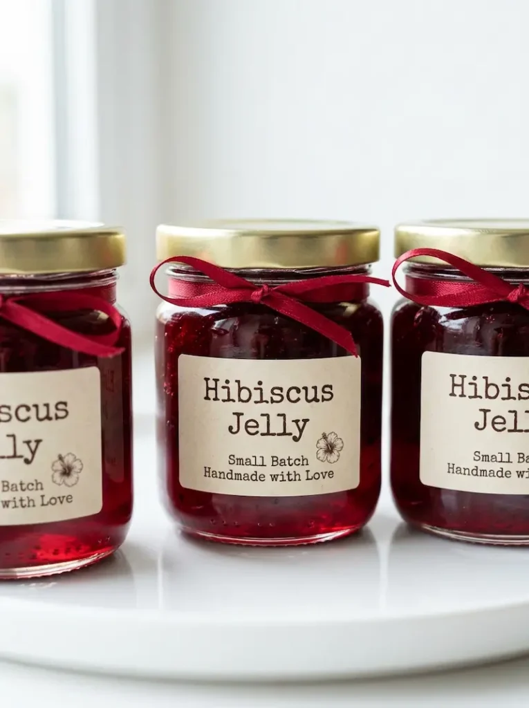 small hibiscus jelly gift jars with labels and ribbons
