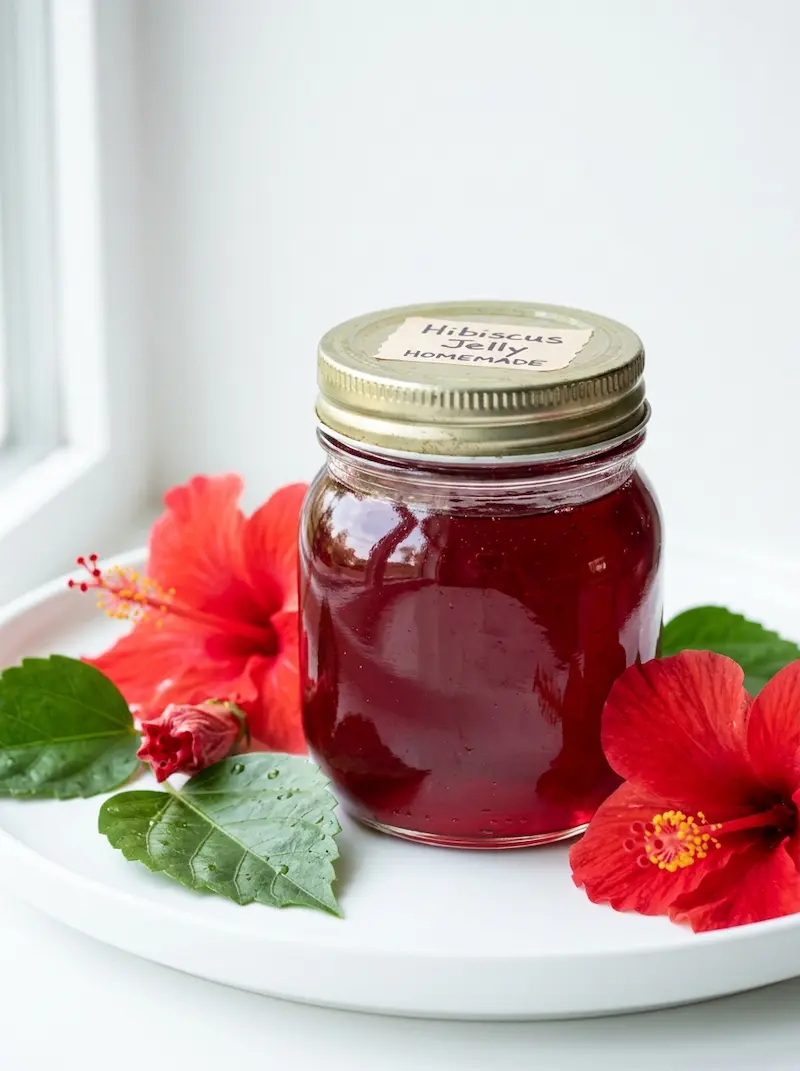 hibiscus jelly in a glass jar with red hibiscus flowers