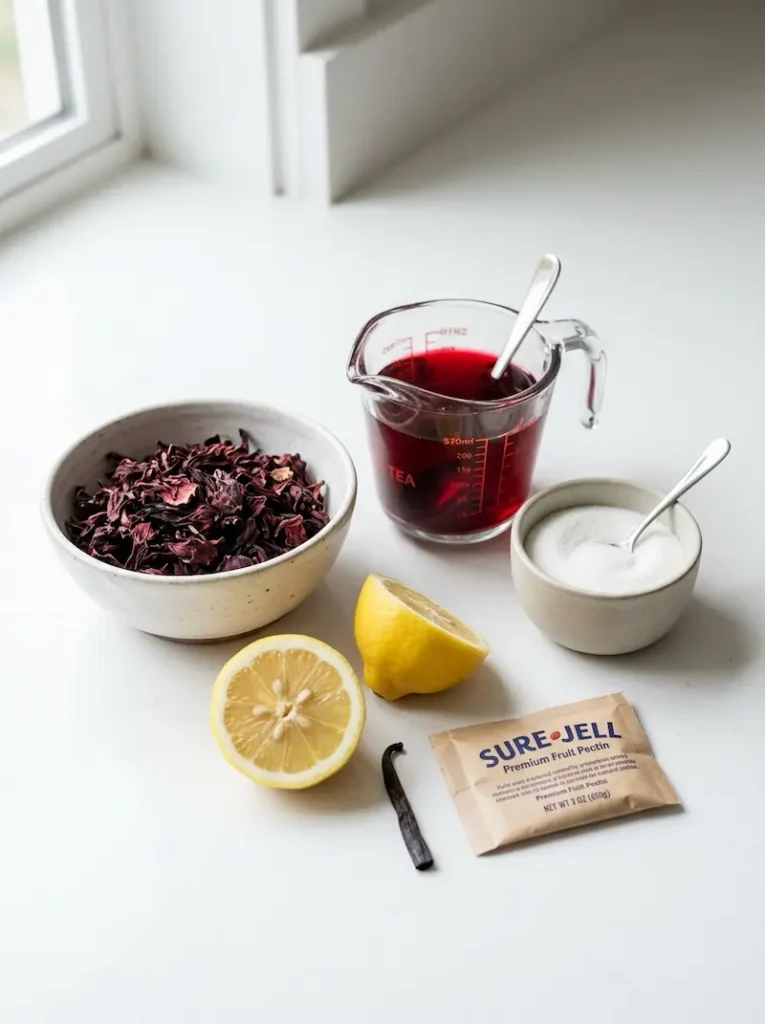  ingredients for hibiscus jelly including hibiscus petals sugar lemon and pectin