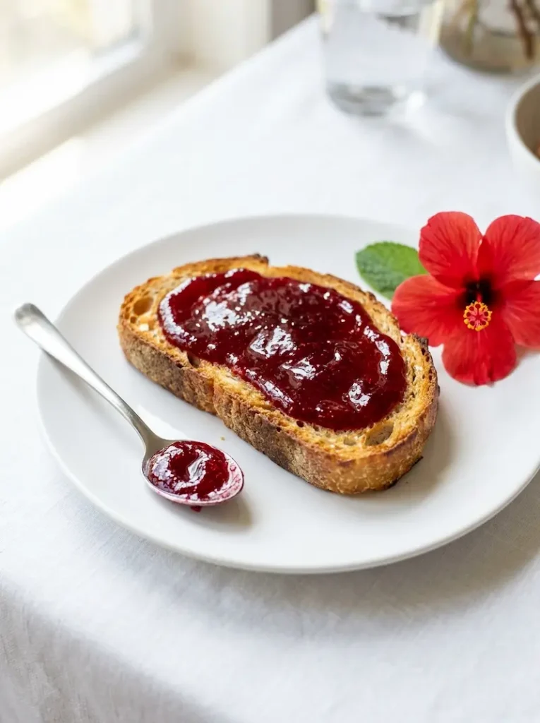 toast with hibiscus jelly spread and fresh hibiscus flower