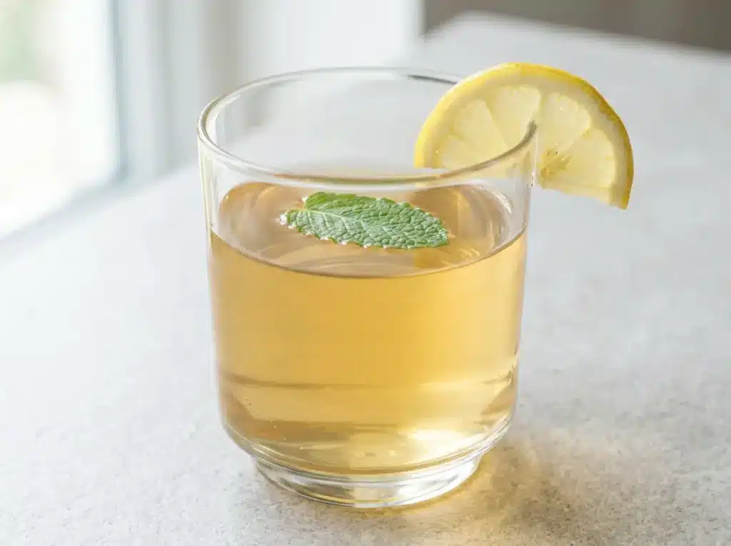 chilled horse gelatin drink in clear glass with mint and lemon for summer