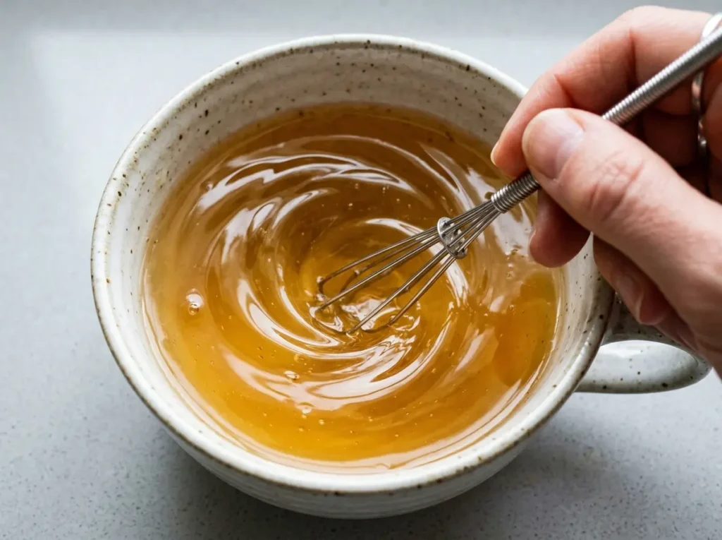 stirring horse gelatin drink in ceramic mug with small whisk