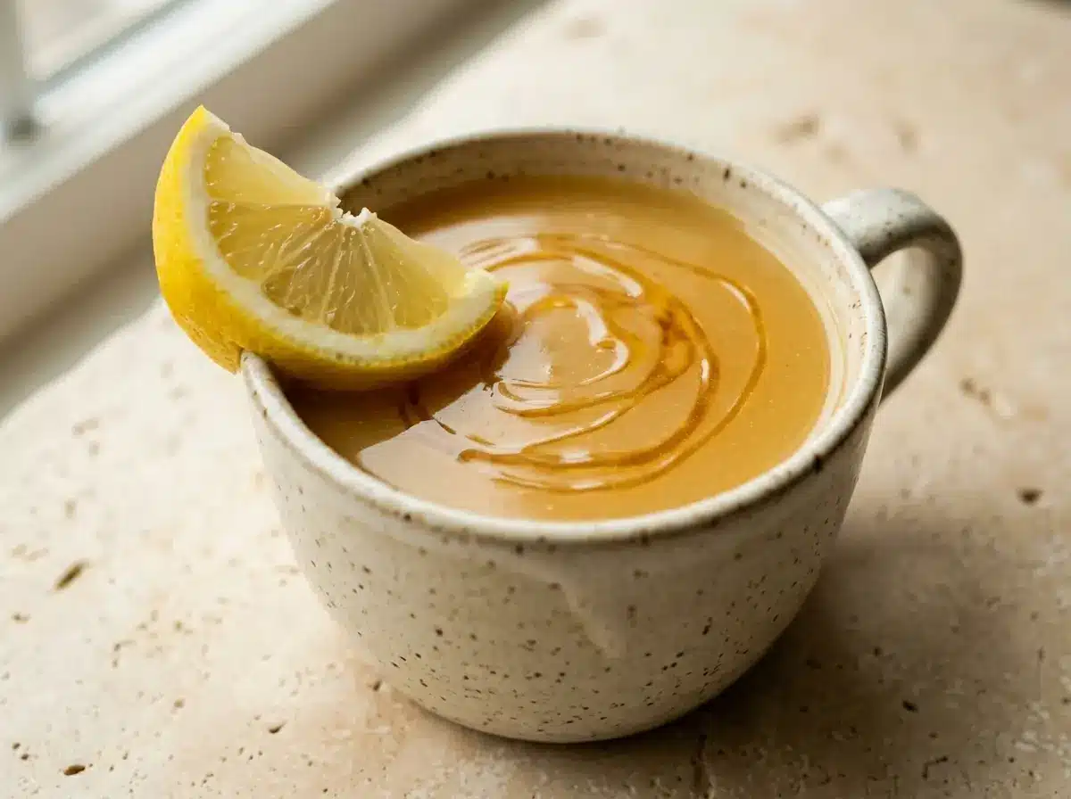 horse gelatin trick for men warm collagen drink in ceramic mug
