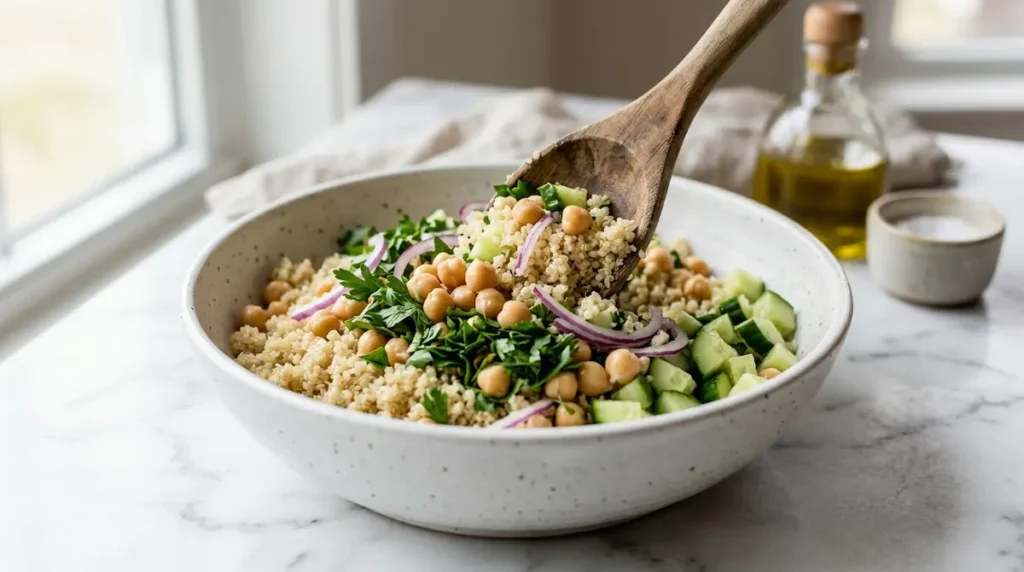 Assembling Jennifer Aniston Salad Step by Step assembling jennifer aniston salad recipe in a large white bowl adding chickpeas fresh herbs and cucumber to cooked quinoa on marble