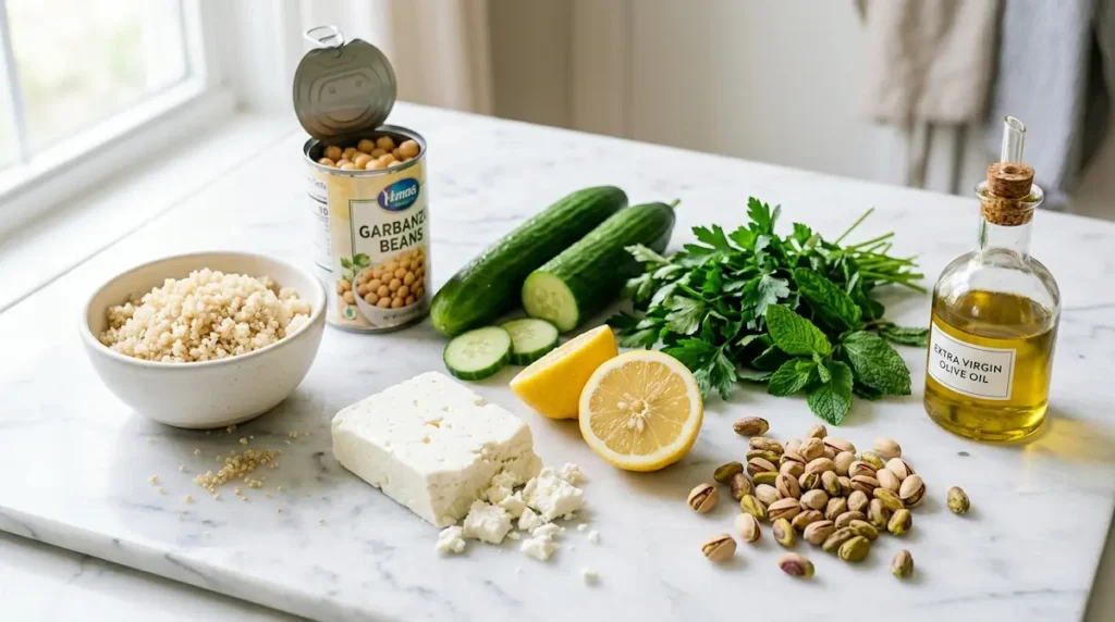 Jennifer Aniston Salad Ingredients Flat Lay jennifer aniston salad recipe ingredients including chickpeas feta pistachios fresh herbs cucumber and quinoa on white marble