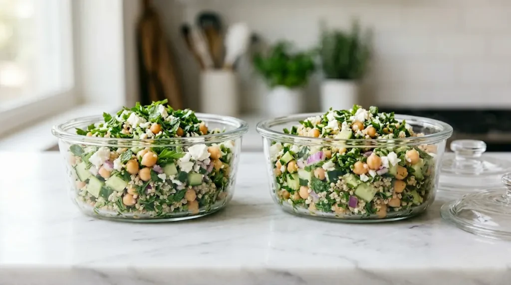 Jennifer Aniston Salad Meal Prep Storage jennifer aniston salad recipe stored in glass meal prep containers on white marble surface ready for the week