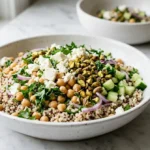 jennifer aniston salad recipe in a large white bowl with chickpeas feta pistachios cucumber and fresh herbs on marble