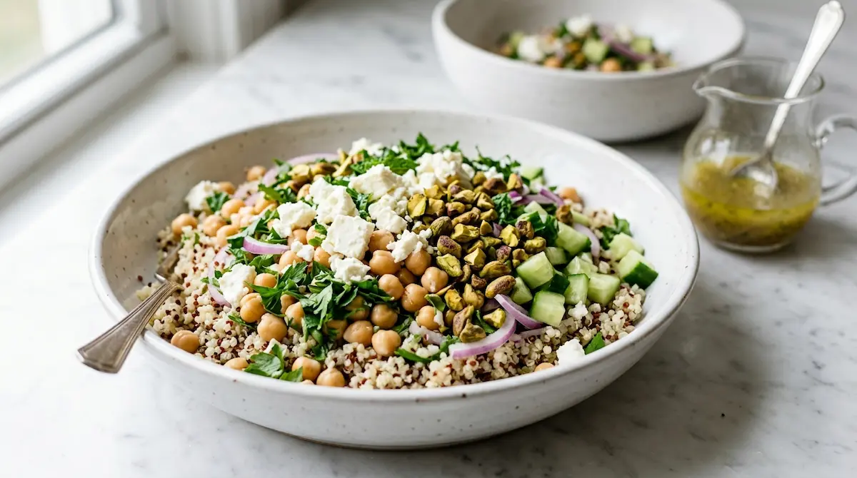 Best Jennifer Aniston Salad Recipe: Quinoa or Bulgur? 7 Fresh Ingredients 2 jennifer aniston salad recipe in a large white bowl with chickpeas feta pistachios cucumber and fresh herbs on marble