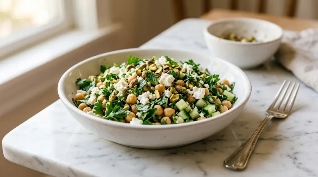 Jennifer Aniston Salad Ready to Serve jennifer aniston salad recipe in a white bowl with chickpeas feta pistachios and fresh herbs served on marble with a fork