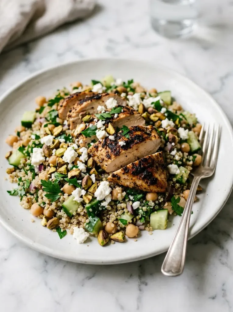 Jennifer Aniston Salad With Grilled Chicken Variation jennifer aniston salad recipe served with sliced grilled chicken breast on a white plate on white marble