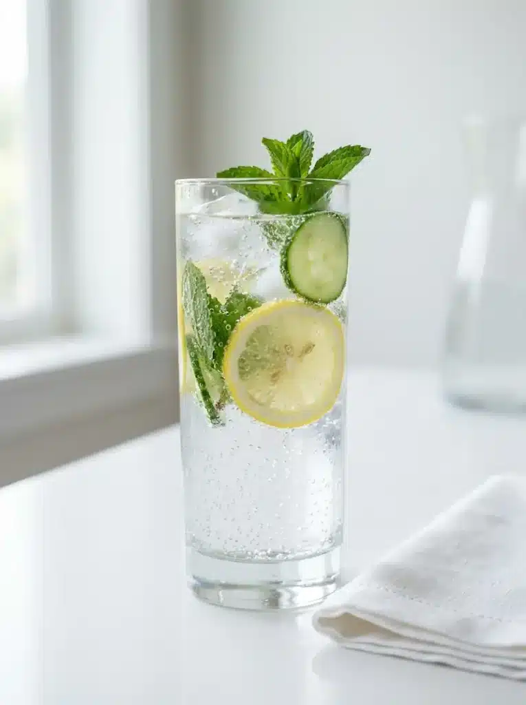 lemon mint cucumber sparkling water in a glass